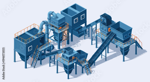Industrial Recycling Plant Machinery Complex Isometric View.