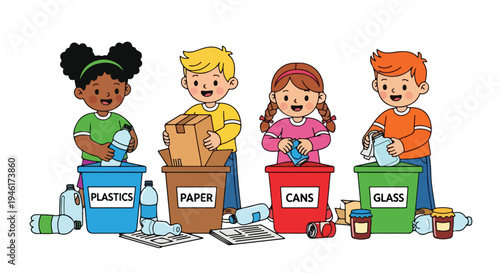 Four diverse children happily sort different types of waste into labeled recycling bins for plastics, paper, cans, and glass, promoting environmental care.