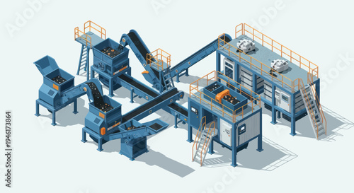 Industrial Recycling Plant Machinery and Equipment Isometric View.