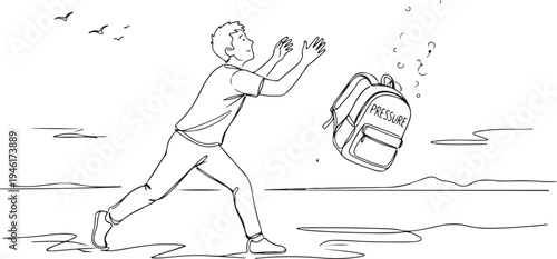  Line Art Illustration of a Man Throwing Away a Backpack Labeled Pressure for Stress Relief, Letting Go of Burden, Freedom, and Mental Well-being