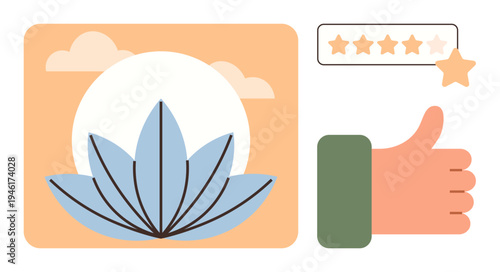 Wellness, customer reviews, quality service, satisfaction, approval, mindfulness. Image shows a lotus flower, five-star rating and thumbs-up symbol. Wellness and customer reviews concept