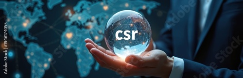 Business hand holds glass sphere with csr text over world map. Global network connection, corporate social responsibility, ethical business, sustainability concept. Future progress in business.