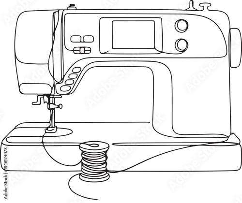 Minimalist continuous line drawing of a modern electric sewing machine with a thread spool. Tailoring, dressmaking, and fashion design concept illustration.