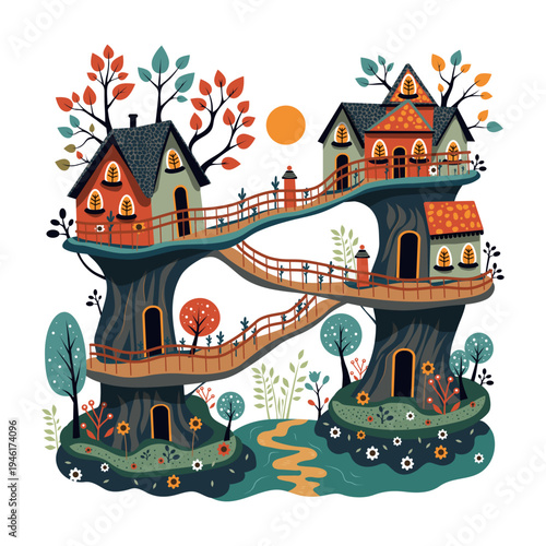 whimsical treehouse village with magical forest houses and winding bridges. Vector illustration