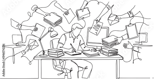 Minimalist continuous line drawing of an overwhelmed office worker or businessman at a desk surrounded by multiple hands giving tasks, paperwork, and documents. Concept of stress and burnout.