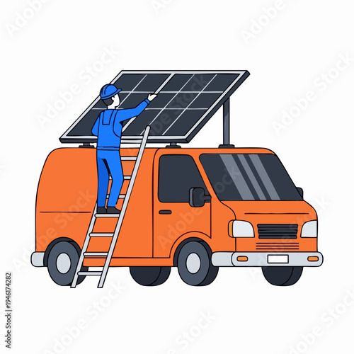 Solar panel installation technician working on van roof.