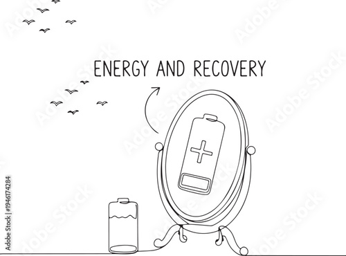 Minimalist Line Art Illustration of a Low Battery Reflecting a Full Battery in a Mirror with the Text Energy and Recovery, Concept of Self-Care and Mental Health Recharge.
