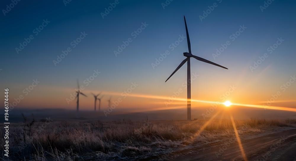 Obraz premium Wind turbines generating renewable energy at sunrise with golden sunlight and clear sky creating sustainable power landscape for environmental projects.
