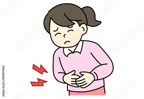 Woman suffering from stomach pain and abdominal discomfort in healthcare concept illustration