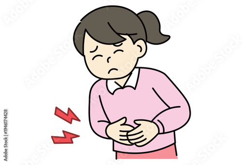 Woman suffering from stomach pain and abdominal discomfort in healthcare concept illustration
