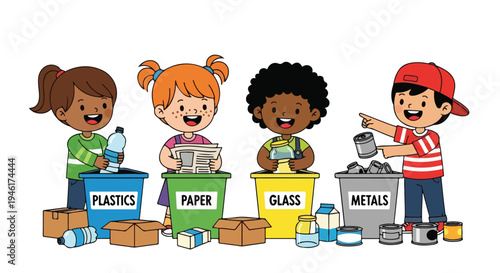 Four diverse children joyfully sort plastic, paper, glass, and metal waste into labeled bins for recycling, promoting environmental responsibility.