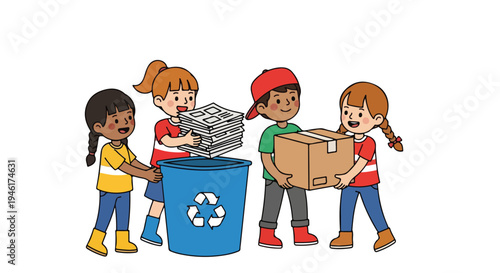 Four children happily participate in recycling, sorting newspapers into a blue bin and carrying a cardboard box to promote sustainability.