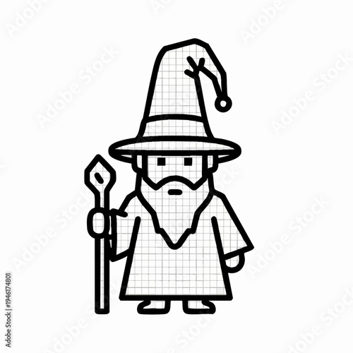 Stylized Wizard Character with Staff and Hat.