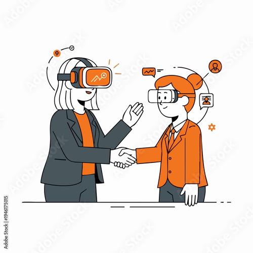 Two businesswomen shaking hands wearing virtual reality headsets.