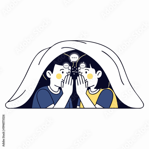 Two children sharing secrets under a blanket with lightbulbs above their heads.