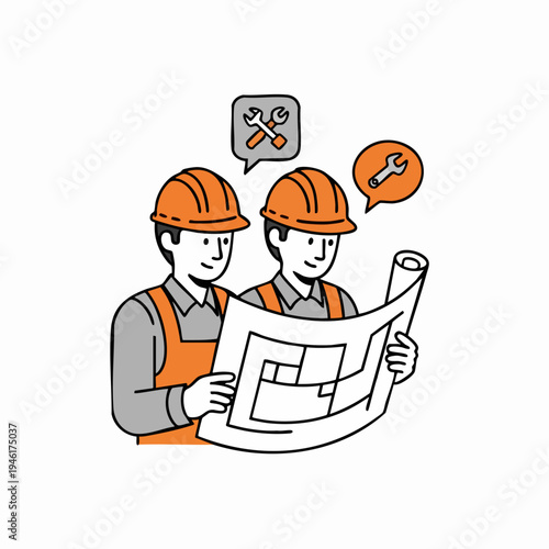 Two construction workers reviewing blueprints together.