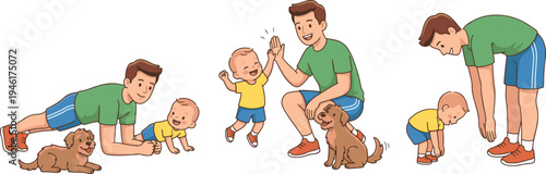 Cute cartoon illustration set of a father spending time with his baby and pet dog.