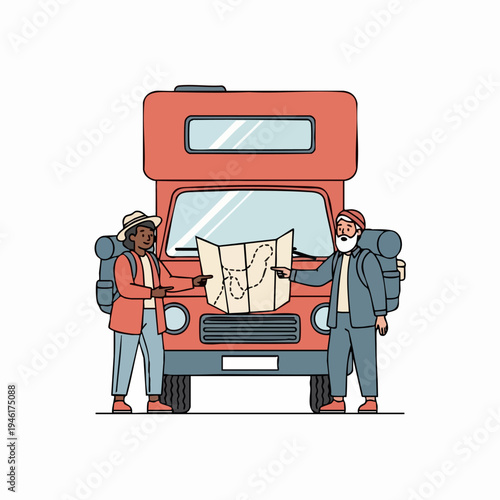 Two friends with backpacks looking at a map in front of a camper van.