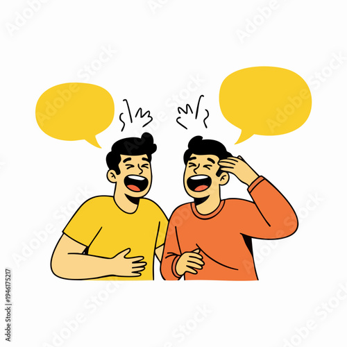 Two men laughing with speech bubbles above their heads.