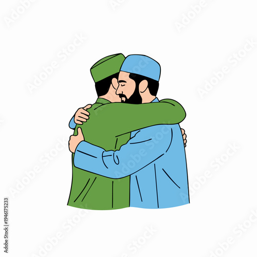 Two Muslim men embracing warmly in a friendly gesture.