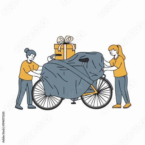 Two people covering a bicycle with a gift on top.