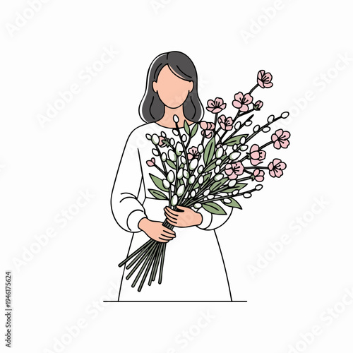 Woman Holding a Large Bouquet of Spring Flowers.