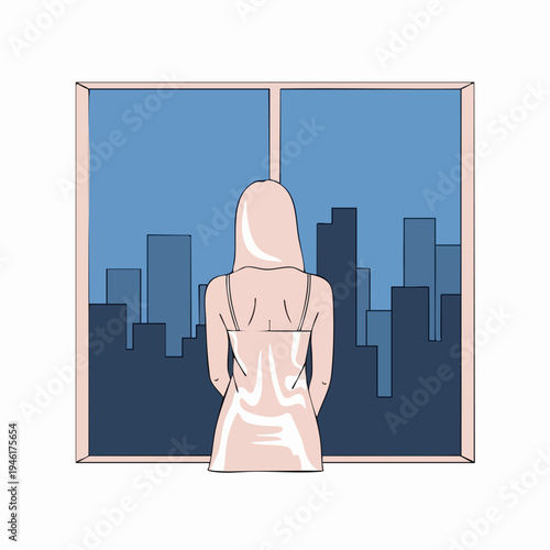 Woman in slip dress looking out window at city skyline.
