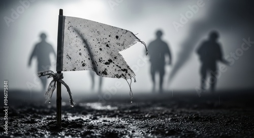 .White surrender flag planted in dark battlefield mud with blurred silhouettes of soldiers walking through smoke in the background