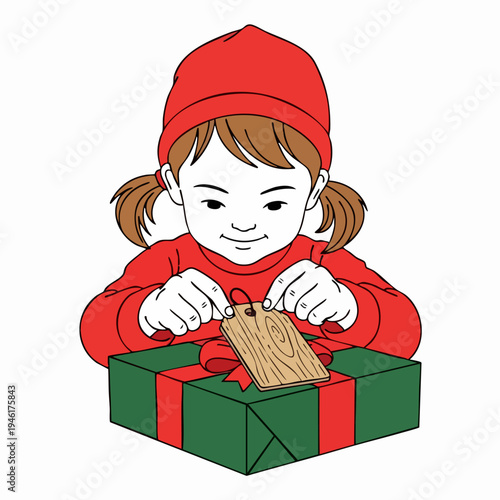 Young girl happily opening a Christmas gift box.
