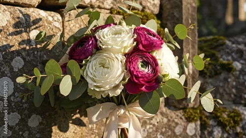 Beautiful Wedding Bouquet of White Roses, Purple Ranunculus, and Green Eucalyptus Against a Stone Wall