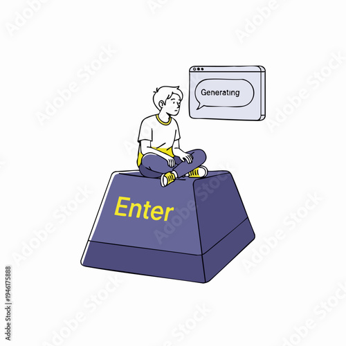 Young man sitting on a giant Enter key contemplating generation.