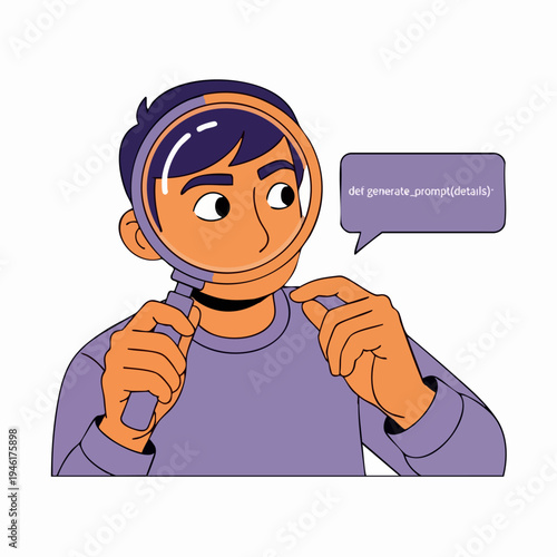 Young man with magnifying glass examining something closely.