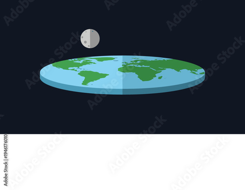 Flat Earth theory with moon above in dark space.