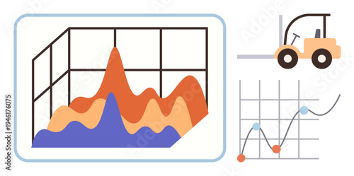 Business analytics, logistics, supply chain, industrial processes, data trends, performance tracking. Visualization of a forklift, line chart and fluctuating area graph. Logistics and data analytics