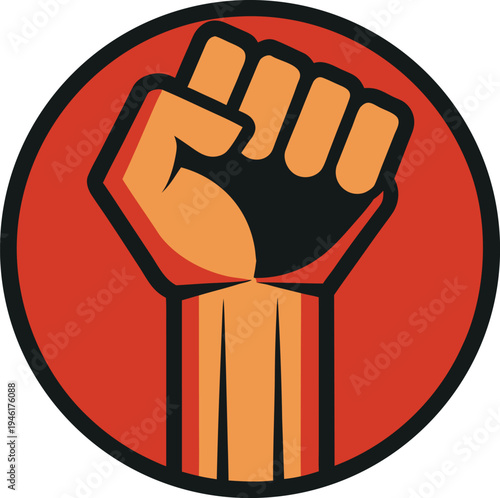 Orange fist raised against a red circular background vector illustration
