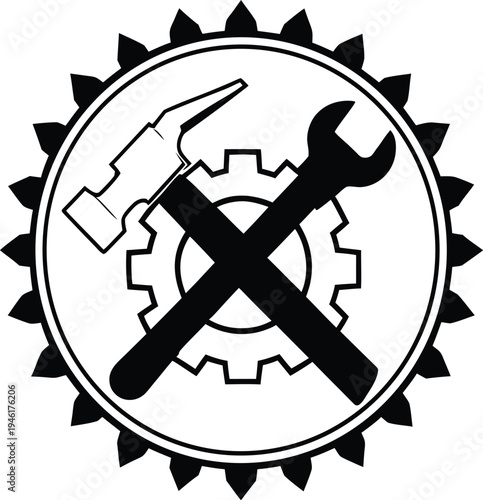 Black and white circular with crossed hammer and wrench vector illustration