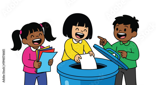 Three diverse children, two girls and one boy, happily participate in paper recycling, with one girl placing paper in a blue bin.