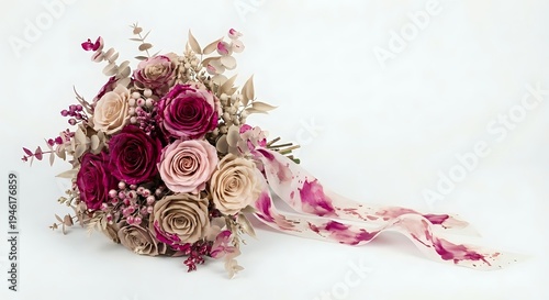 Wedding bouquet with burgundy and blush roses, eucalyptus, and flowing ribbons on white background for bridal photography and romantic celebrations.