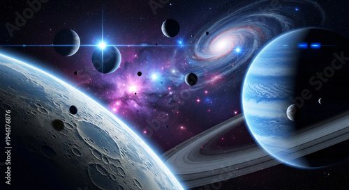 Celestial bodies in space, planets and stars in a galaxy