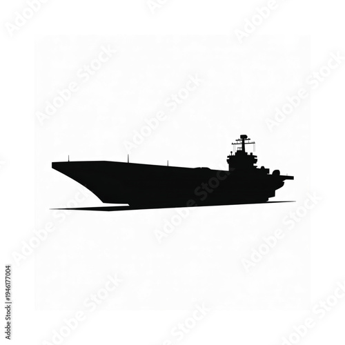 A stark silhouette of a modern aircraft carrier against a white background