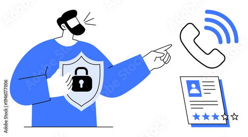Man holding a shield with a lock, pointing to a ringing phone and contact information. Ideal for digital security, communication, privacy, trust, online verification, identity protection, simple flat