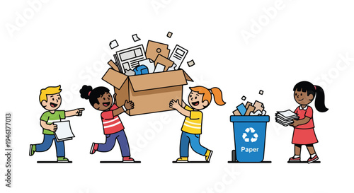 Four diverse children are actively engaged in recycling paper, moving it from a cardboard box into a blue recycling bin marked 'Paper'.