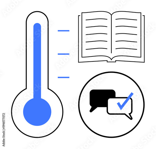 Vertical thermometer, open book, and speech bubbles with a checkmark signify learning, knowledge sharing, growth, feedback, evaluation, decision-making and collaboration. Simple flat metaphor