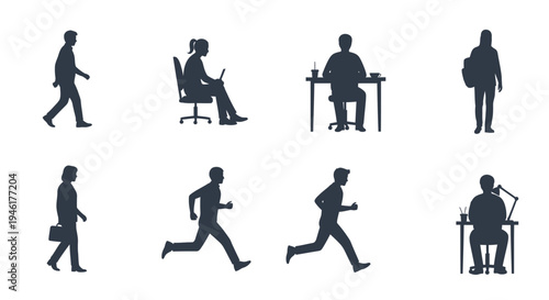 Businesspeople walking and working at desks in office settings