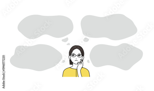 悩むメガネ女性が考え中の疑問と不安を表すシンプル人物イラスト