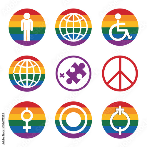 Rainbow-colored icons symbolize diversity, equality, and global solidarity