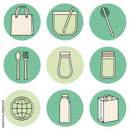 Set of nine simple zero waste lifestyle icons for sustainable living
