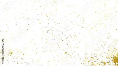 Luxury gold glitter splatter texture with sparkling dust particles scattered on transparent background.