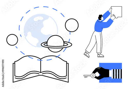 Knowledge concept. Open book, planetary symbols, and key elements exploration, creativity, and knowledge protection. Knowledge in education, space, security and innovation industries