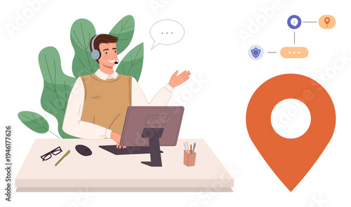 Customer support, logistics, remote assistance, location tracking, communication, data services. Person wearing a headset at desk with a computer, speech bubble and location icon. Customer support